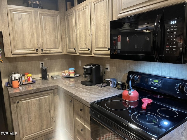 kitchen featuring backsplash, light brown cabinets, and black appliances