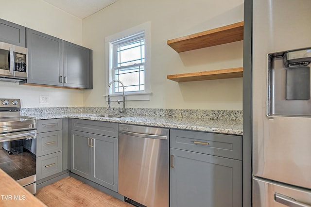 kitchen featuring gray cabinets, appliances with stainless steel finishes, sink, and light stone counters