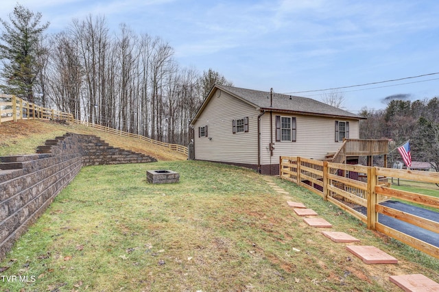 exterior space featuring a yard, a fire pit, and a deck