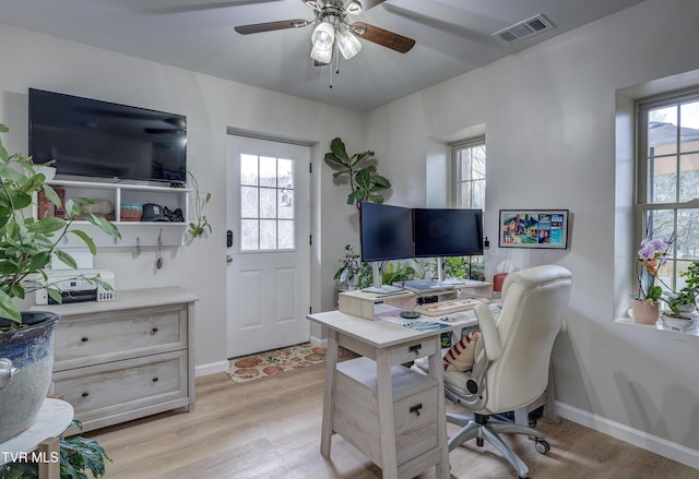 office area with ceiling fan, light hardwood / wood-style floors, and a wealth of natural light