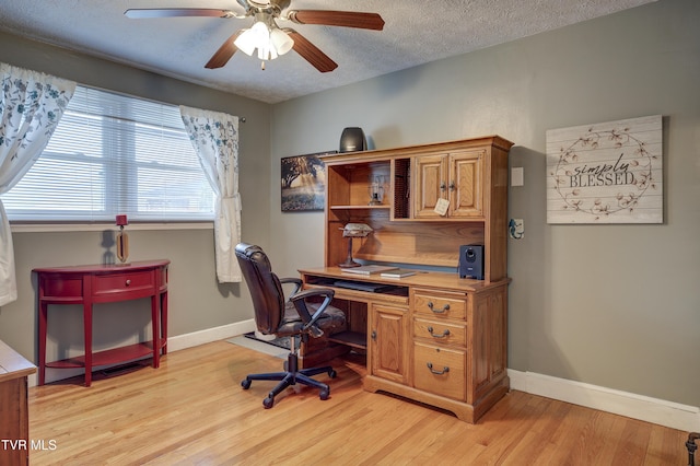 office featuring ceiling fan, a textured ceiling, and light wood-type flooring