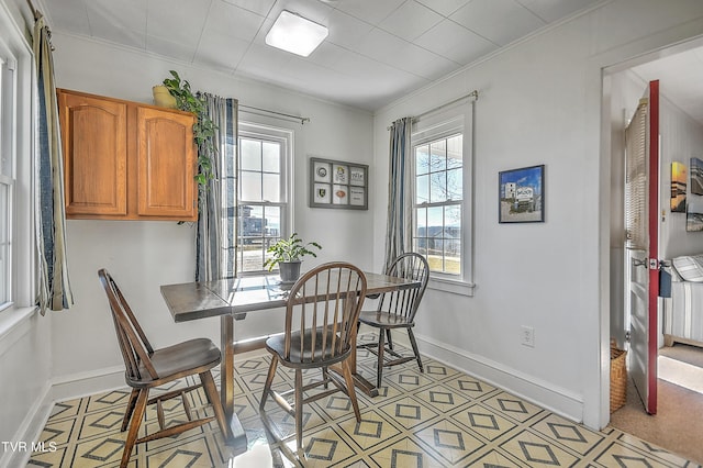 dining space with ornamental molding and a wealth of natural light