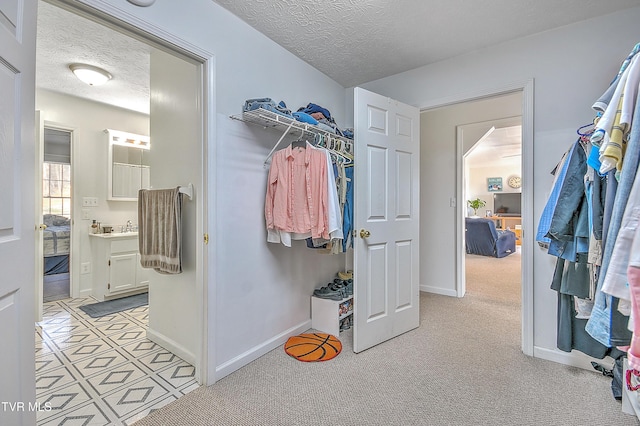 spacious closet with light carpet and sink