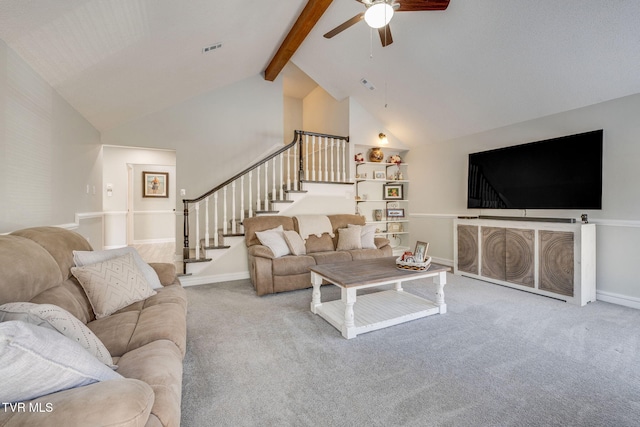 carpeted living room featuring ceiling fan, beam ceiling, and high vaulted ceiling