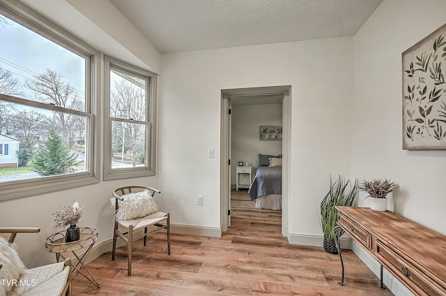 sitting room featuring a textured ceiling and light wood-type flooring