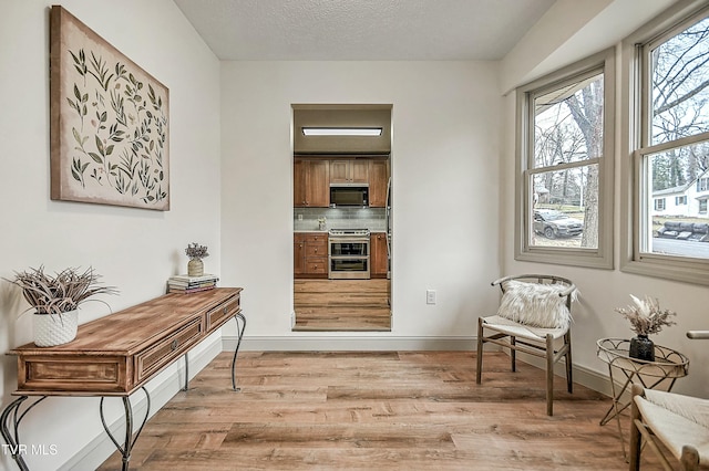 interior space featuring light hardwood / wood-style floors and a textured ceiling