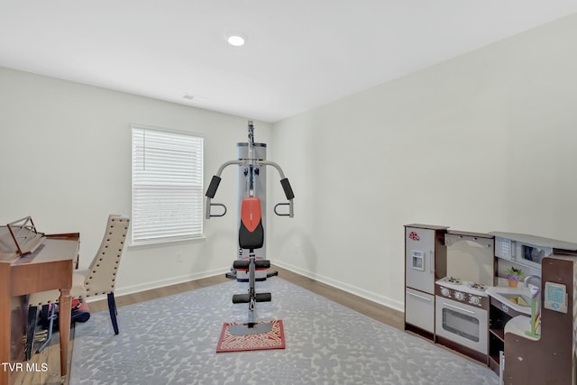 workout room featuring hardwood / wood-style flooring