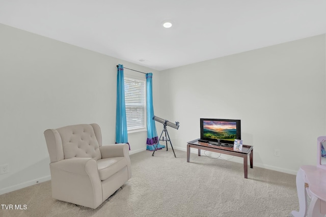 living area with light colored carpet