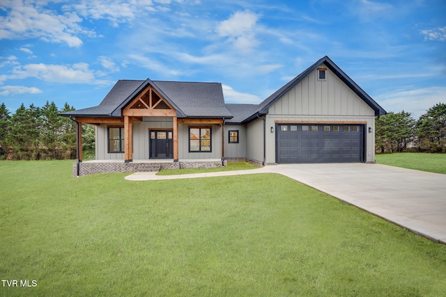 modern farmhouse style home featuring a garage, covered porch, and a front lawn