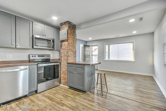 kitchen featuring appliances with stainless steel finishes, a breakfast bar area, gray cabinetry, and wood counters