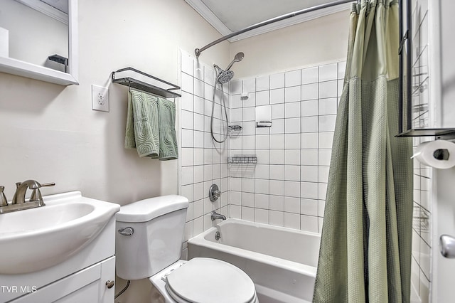 full bathroom with toilet, vanity, shower / bathtub combination with curtain, and crown molding