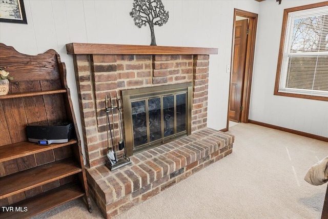 520 Heritage Ln, Jonesborough, TN 37659 - interior details featuring a brick fireplace, carpet flooring, and baseboards
