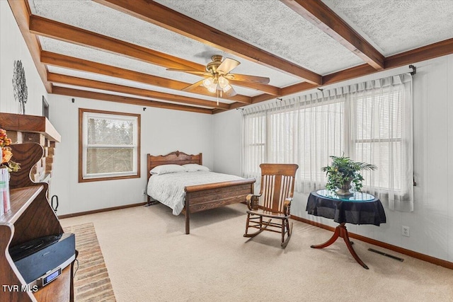 520 Heritage Ln, Jonesborough, TN 37659 - carpeted bedroom with a textured ceiling, beamed ceiling, visible vents, and baseboards