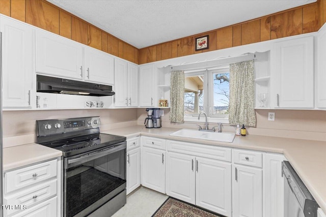 520 Heritage Ln, Jonesborough, TN 37659 - kitchen with electric stove, stainless steel dishwasher, under cabinet range hood, open shelves, and a sink