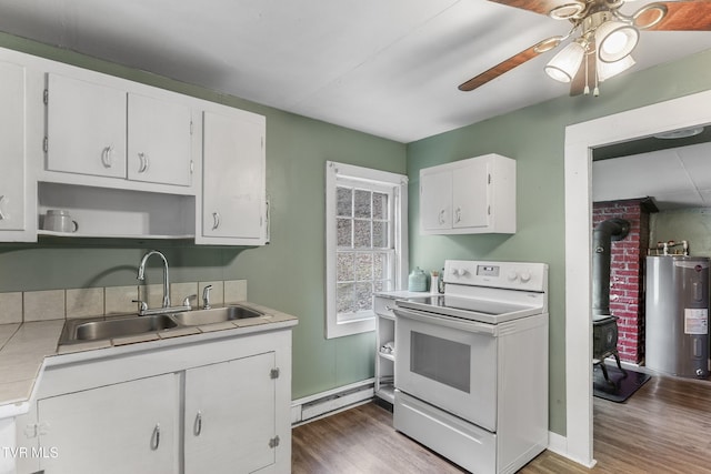 kitchen with sink, white electric stove, water heater, and white cabinets