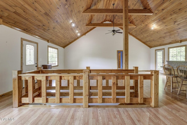 interior space with wood finished floors, baseboards, vaulted ceiling with beams, wood ceiling, and a ceiling fan
