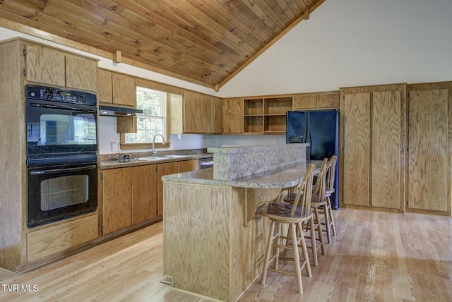kitchen featuring open shelves, under cabinet range hood, a sink, light wood-style flooring, and black appliances