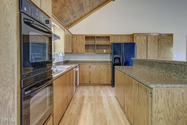 kitchen featuring open shelves, light wood-type flooring, a sink, black appliances, and lofted ceiling