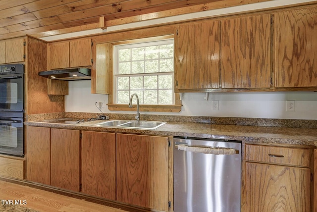 kitchen with a sink, electric cooktop, dishwasher, dobule oven black, and under cabinet range hood