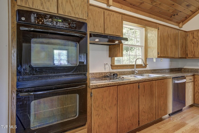 kitchen featuring a sink, electric stovetop, dishwasher, dobule oven black, and under cabinet range hood