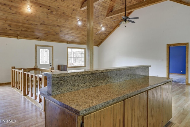kitchen featuring wood ceiling, ceiling fan, a kitchen island, light wood finished floors, and open floor plan
