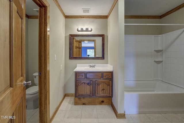 bathroom featuring visible vents, tile patterned floors, baseboards, vanity, and toilet