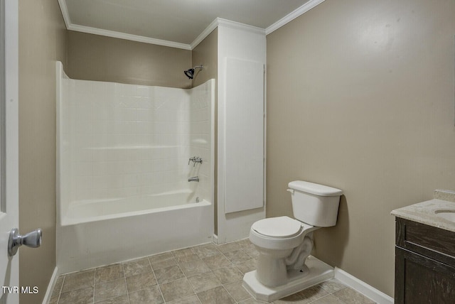 bathroom with vanity, ornamental molding, baseboards, and toilet