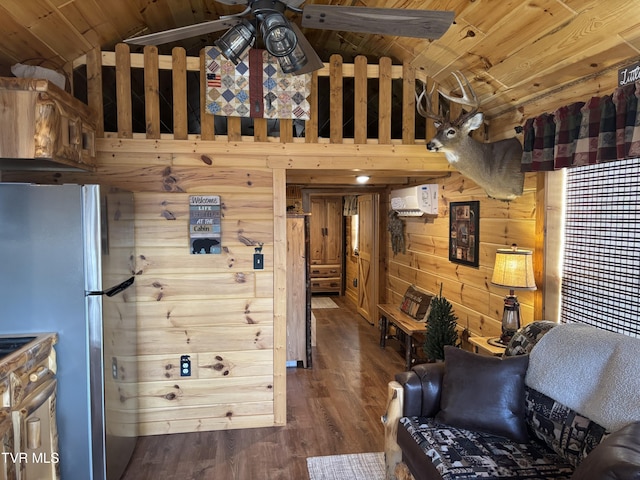 unfurnished living room featuring lofted ceiling, wooden ceiling, dark hardwood / wood-style floors, and wood walls