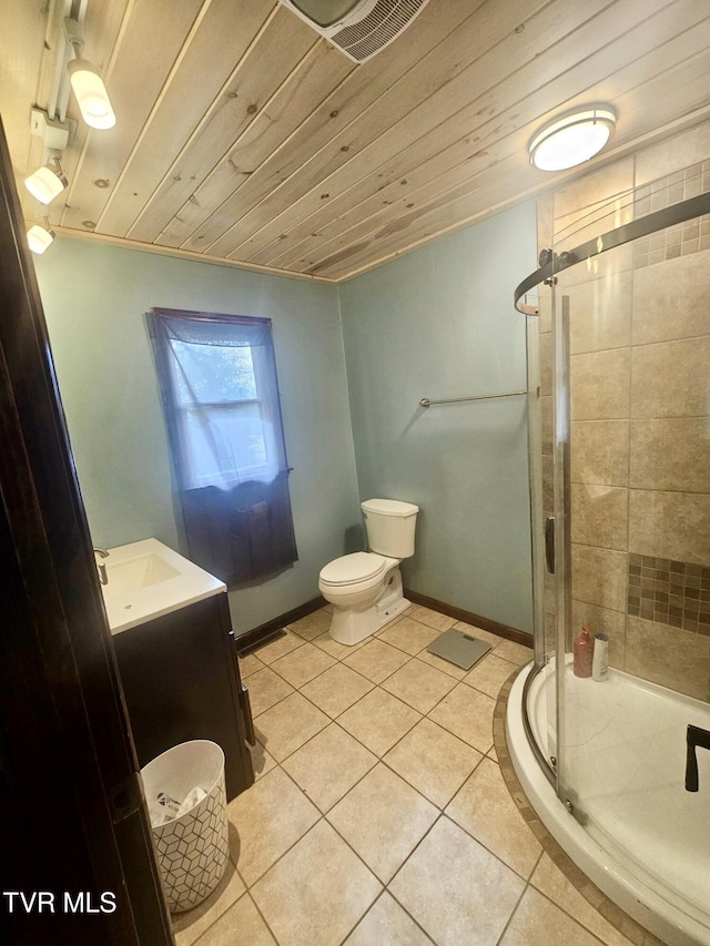 bathroom with vanity, an enclosed shower, wood ceiling, and tile patterned flooring