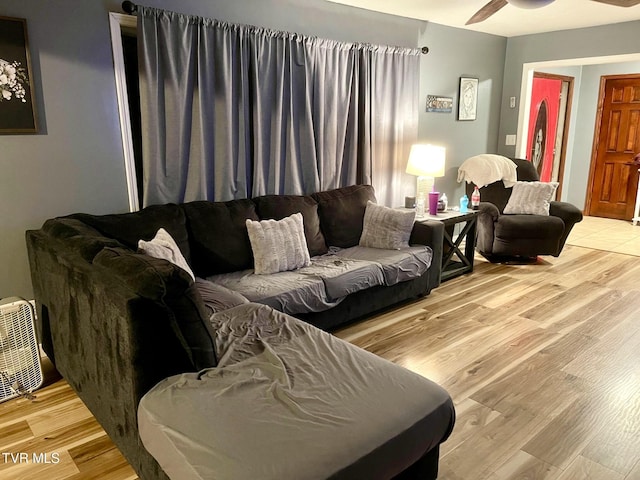 living room with ceiling fan and light wood-type flooring
