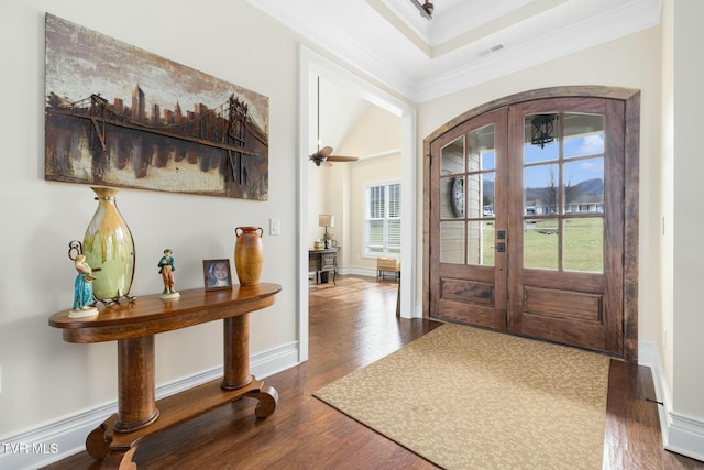 132 Hamilton Rd, Elizabethton, TN 37643 - foyer featuring crown molding, a tray ceiling, dark hardwood / wood-style flooring, and french doors