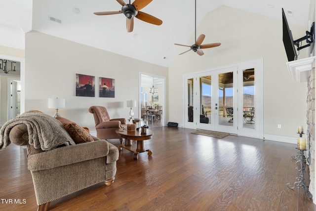 132 Hamilton Rd, Elizabethton, TN 37643 - living room featuring high vaulted ceiling, dark hardwood / wood-style floors, and ceiling fan