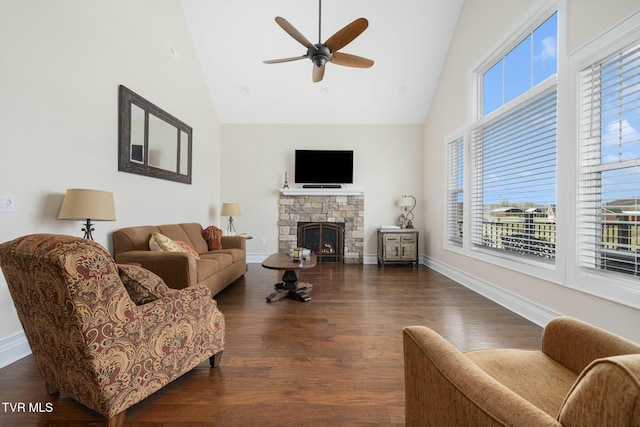 132 Hamilton Rd, Elizabethton, TN 37643 - living room featuring ceiling fan, high vaulted ceiling, dark hardwood / wood-style floors, and a fireplace