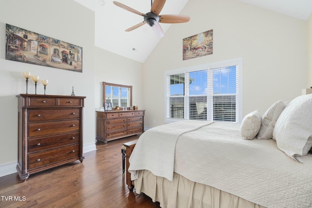 132 Hamilton Rd, Elizabethton, TN 37643 - bedroom with ceiling fan, dark hardwood / wood-style floors, and high vaulted ceiling