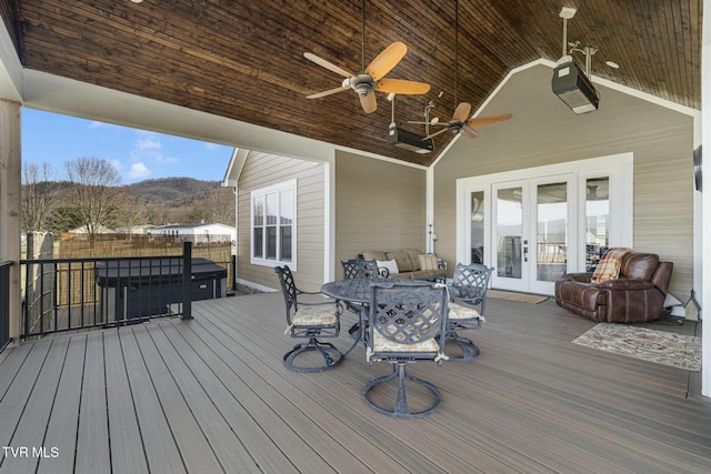 132 Hamilton Rd, Elizabethton, TN 37643 - wooden terrace with a mountain view, french doors, and ceiling fan