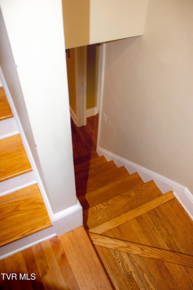 stairway with hardwood / wood-style floors