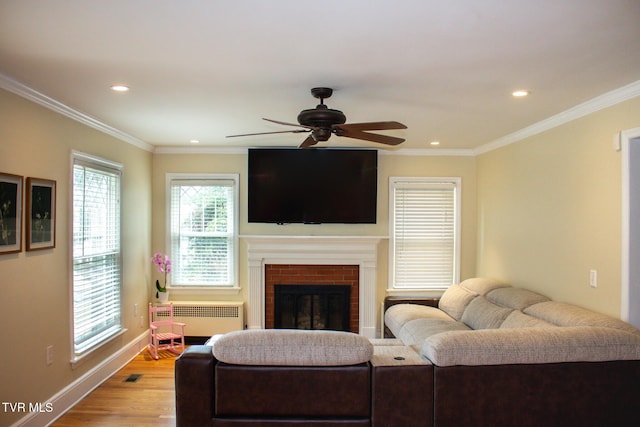 living room featuring ornamental molding, radiator heating unit, a fireplace, and light hardwood / wood-style flooring