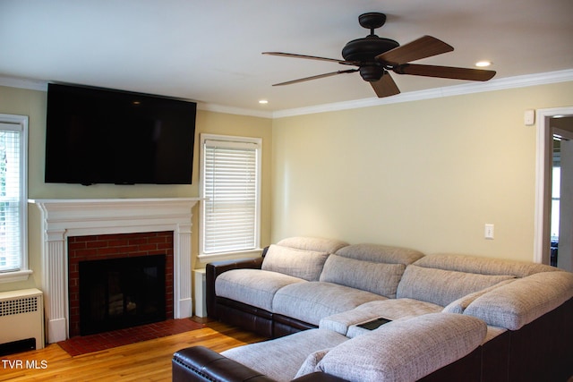 living room with crown molding, light wood-type flooring, radiator heating unit, ceiling fan, and a fireplace