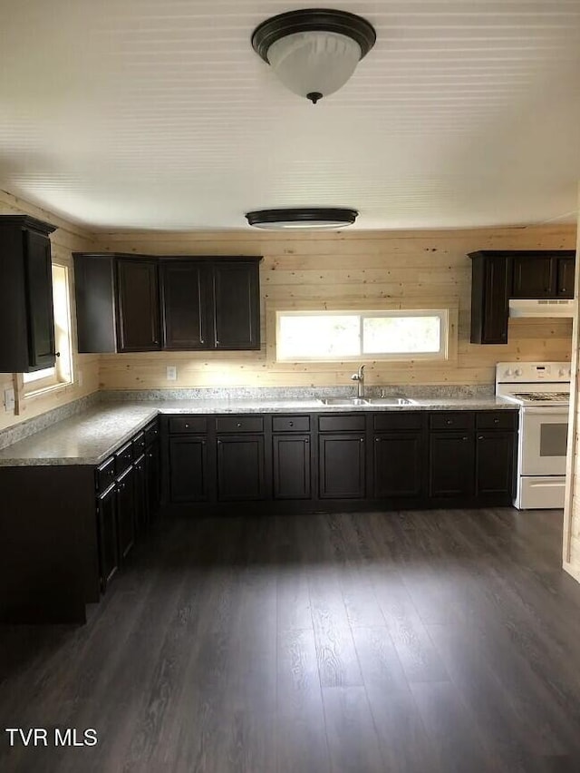 kitchen featuring sink, dark hardwood / wood-style floors, and white stove