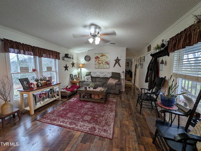 living room with crown molding, dark wood-type flooring, ceiling fan, a textured ceiling, and vaulted ceiling