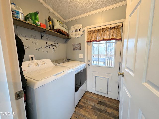 washroom featuring separate washer and dryer, crown molding, dark hardwood / wood-style floors, and a textured ceiling