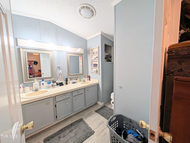 bathroom with lofted ceiling, vanity, wood-type flooring, ornamental molding, and a textured ceiling