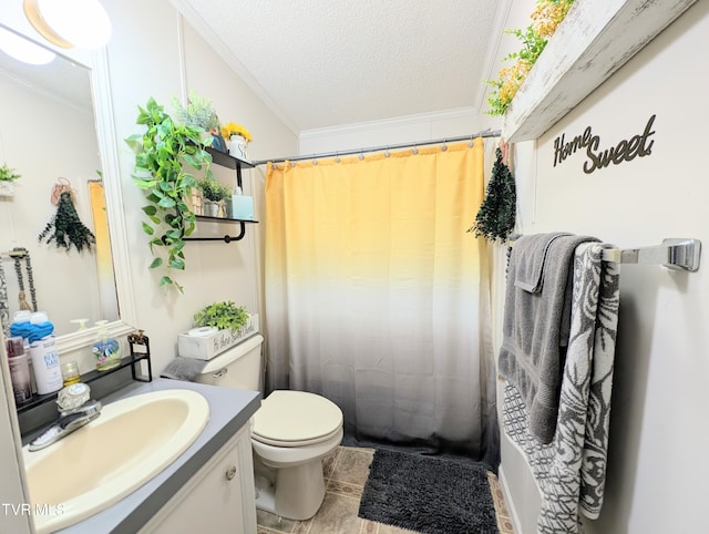 bathroom featuring crown molding, vanity, a textured ceiling, and toilet