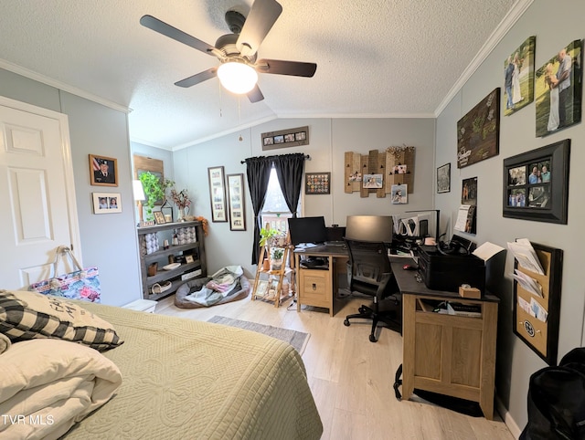 bedroom featuring ornamental molding, light hardwood / wood-style floors, and a textured ceiling