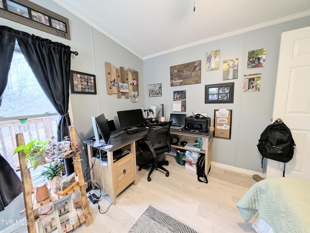 home office featuring crown molding, plenty of natural light, light hardwood / wood-style floors, and a textured ceiling