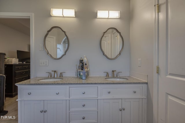 bathroom with vanity and hardwood / wood-style floors