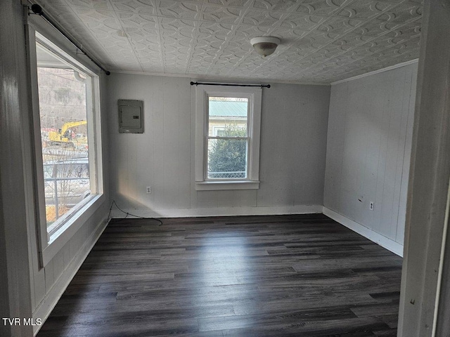 spare room with electric panel and dark hardwood / wood-style flooring