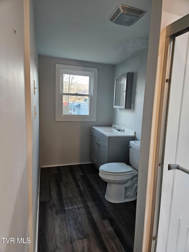 bathroom featuring vanity, toilet, and hardwood / wood-style floors