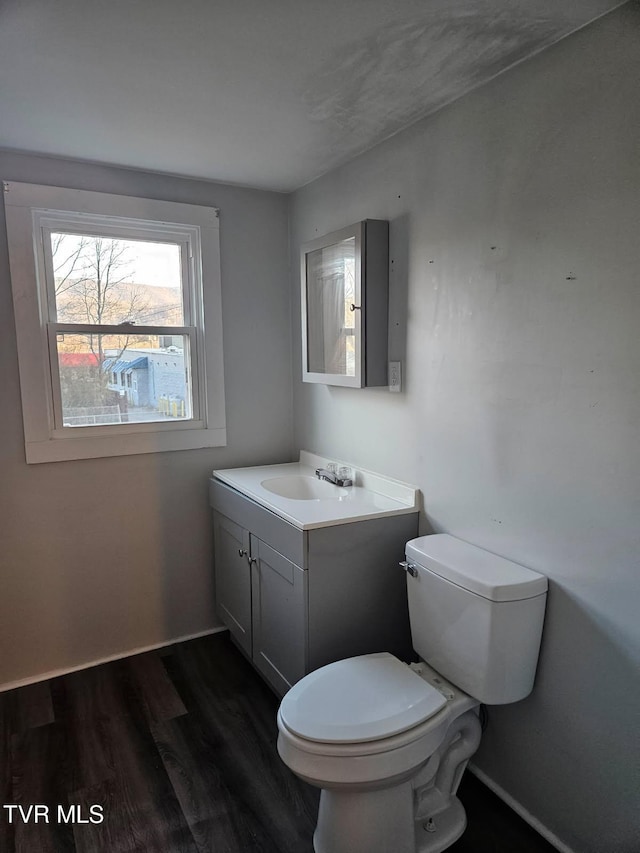 bathroom with hardwood / wood-style flooring, vanity, and toilet