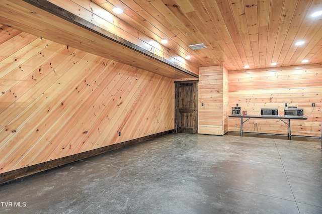 empty room featuring wooden ceiling and wooden walls